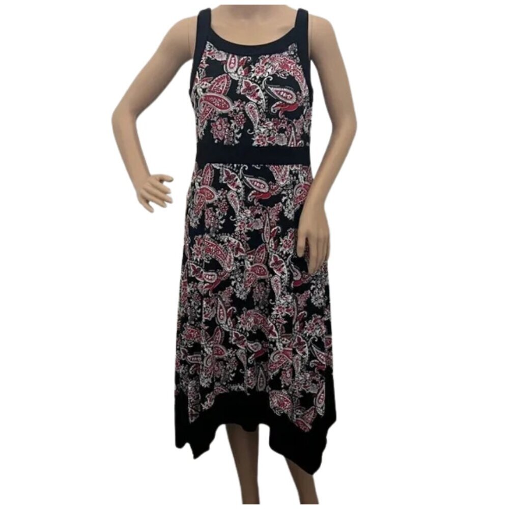 Elie McCarthy Paisley Pattern Red White & Black Sleeveless Stretch Dress Size PL - Picture 2 of 10